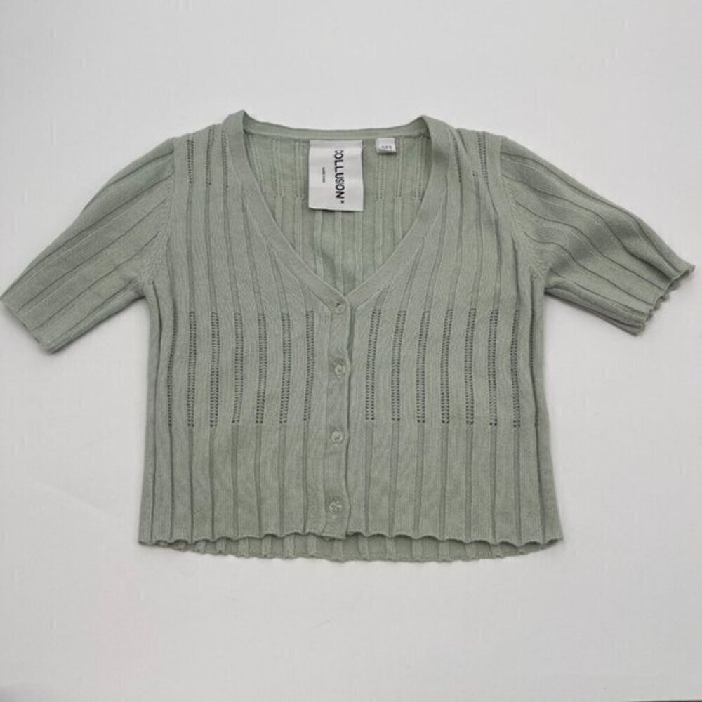 Collusion Womens Sweater 2 Light Green Button Front V Neck Ribbed Casual Knit